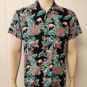 men's flamingo shirt M Cubavera rayon black pink teal